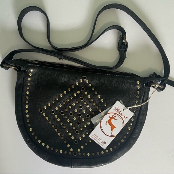 Ashwood Genuine Leather Studded Black Crossbody Bag Boho Saddle Hobo NWT - Picture 1 of 15